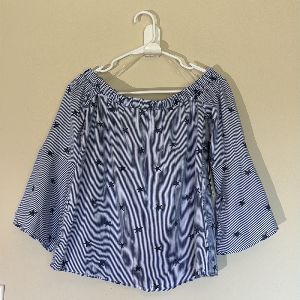 Always Indigo Stripe Patriotic Star Off Shoulder Bell Sleeve Top Shirt Small NEW